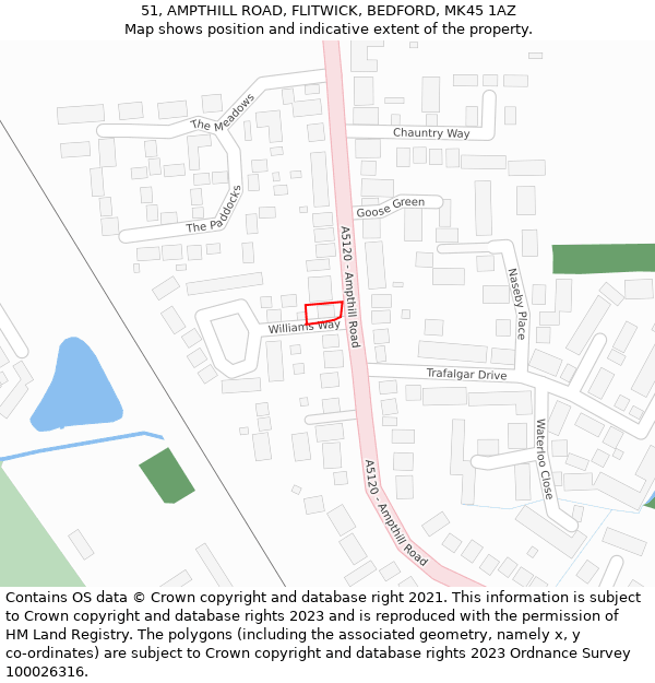 51, AMPTHILL ROAD, FLITWICK, BEDFORD, MK45 1AZ: Location map and indicative extent of plot