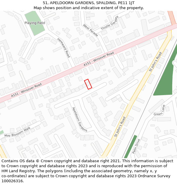 51, APELDOORN GARDENS, SPALDING, PE11 1JT: Location map and indicative extent of plot