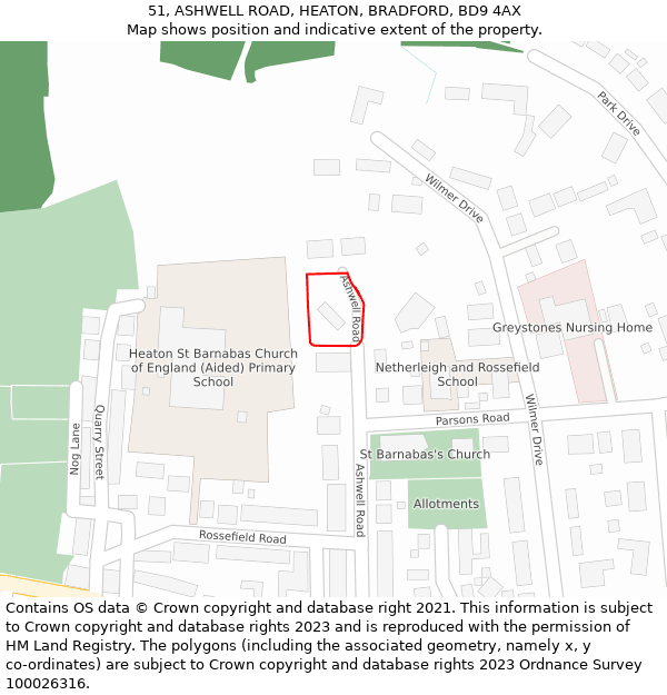 51, ASHWELL ROAD, HEATON, BRADFORD, BD9 4AX: Location map and indicative extent of plot