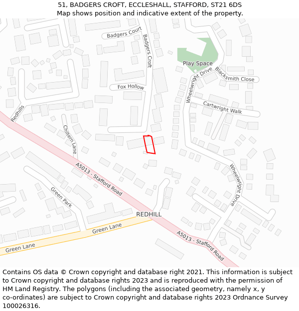 51, BADGERS CROFT, ECCLESHALL, STAFFORD, ST21 6DS: Location map and indicative extent of plot