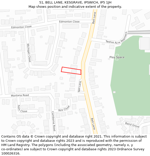 51, BELL LANE, KESGRAVE, IPSWICH, IP5 1JH: Location map and indicative extent of plot