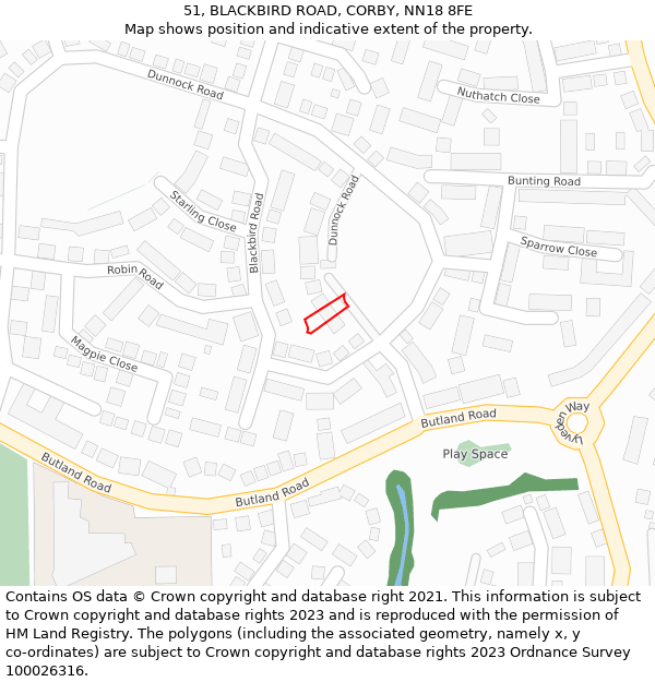 51, BLACKBIRD ROAD, CORBY, NN18 8FE: Location map and indicative extent of plot