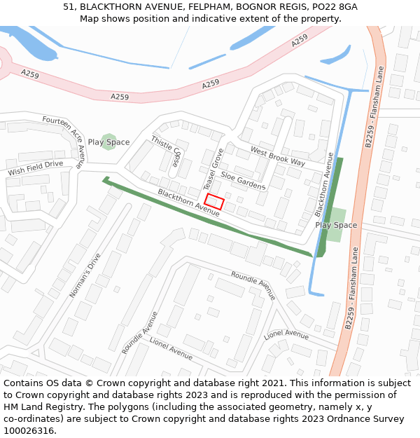 51, BLACKTHORN AVENUE, FELPHAM, BOGNOR REGIS, PO22 8GA: Location map and indicative extent of plot