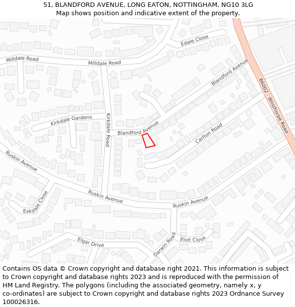 51, BLANDFORD AVENUE, LONG EATON, NOTTINGHAM, NG10 3LG: Location map and indicative extent of plot