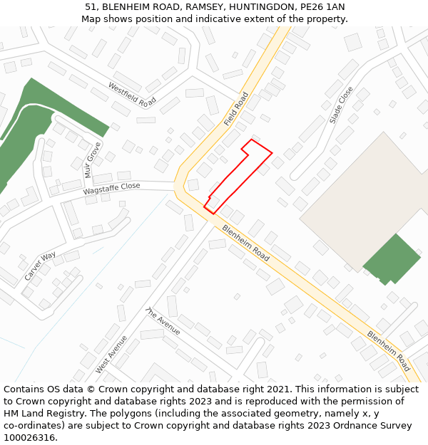 51, BLENHEIM ROAD, RAMSEY, HUNTINGDON, PE26 1AN: Location map and indicative extent of plot