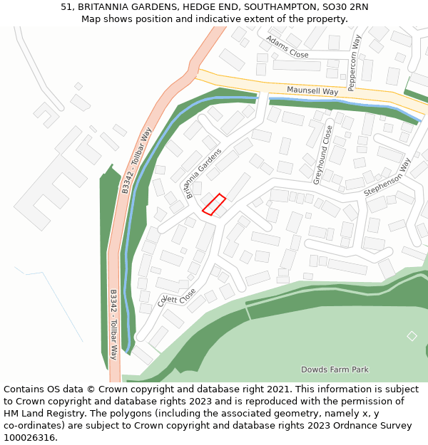 51, BRITANNIA GARDENS, HEDGE END, SOUTHAMPTON, SO30 2RN: Location map and indicative extent of plot