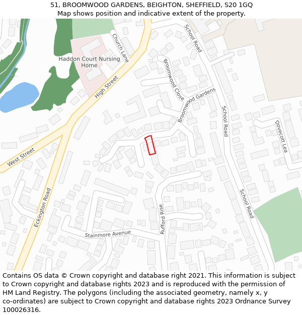 51, BROOMWOOD GARDENS, BEIGHTON, SHEFFIELD, S20 1GQ: Location map and indicative extent of plot