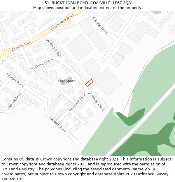 51, BUCKTHORN ROAD, COALVILLE, LE67 3QA: Location map and indicative extent of plot