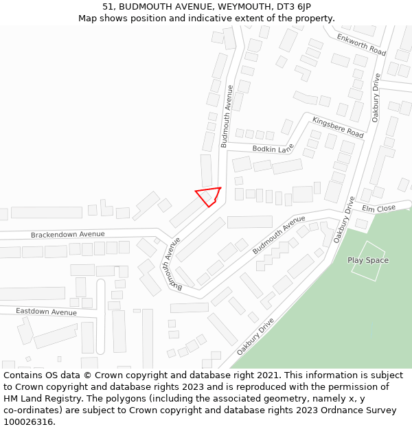 51, BUDMOUTH AVENUE, WEYMOUTH, DT3 6JP: Location map and indicative extent of plot