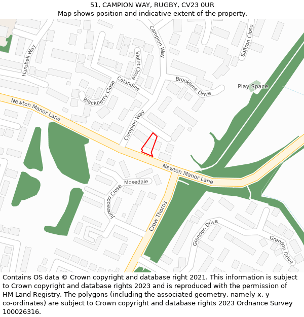 51, CAMPION WAY, RUGBY, CV23 0UR: Location map and indicative extent of plot