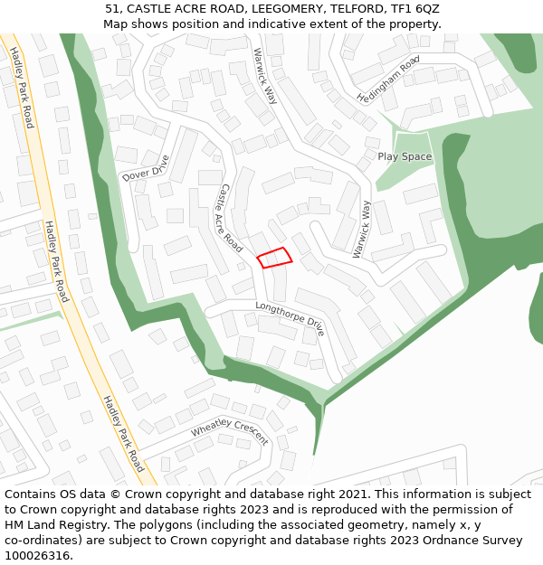 51, CASTLE ACRE ROAD, LEEGOMERY, TELFORD, TF1 6QZ: Location map and indicative extent of plot