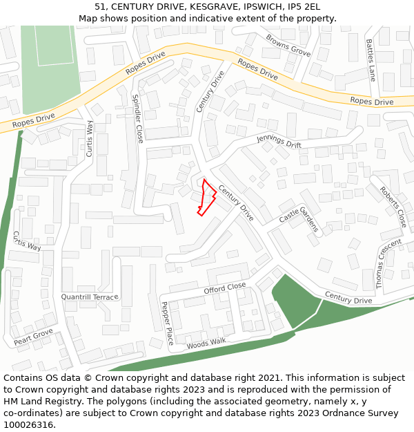 51, CENTURY DRIVE, KESGRAVE, IPSWICH, IP5 2EL: Location map and indicative extent of plot