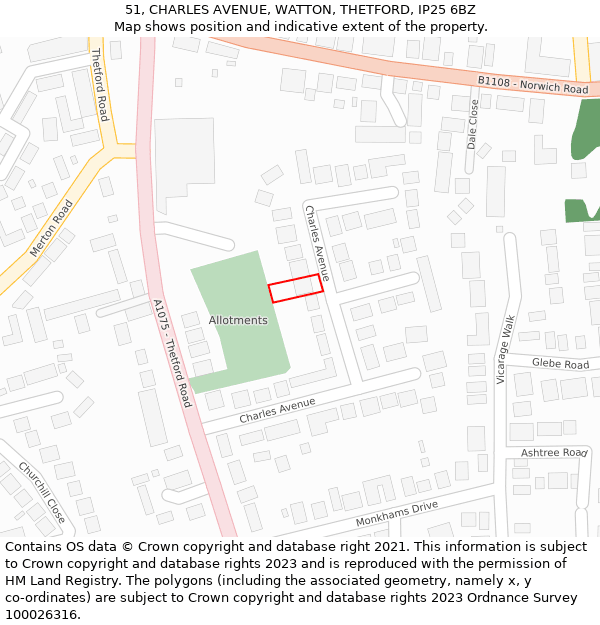 51, CHARLES AVENUE, WATTON, THETFORD, IP25 6BZ: Location map and indicative extent of plot