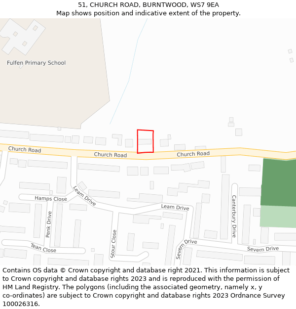 51, CHURCH ROAD, BURNTWOOD, WS7 9EA: Location map and indicative extent of plot