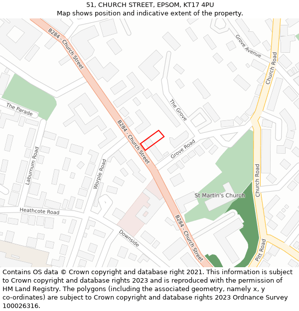 51, CHURCH STREET, EPSOM, KT17 4PU: Location map and indicative extent of plot