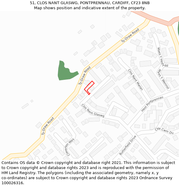 51, CLOS NANT GLASWG, PONTPRENNAU, CARDIFF, CF23 8NB: Location map and indicative extent of plot