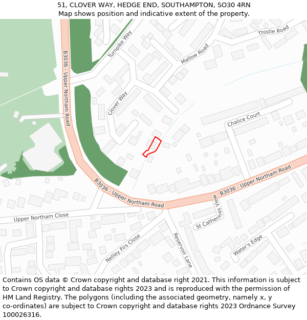 51, CLOVER WAY, HEDGE END, SOUTHAMPTON, SO30 4RN: Location map and indicative extent of plot