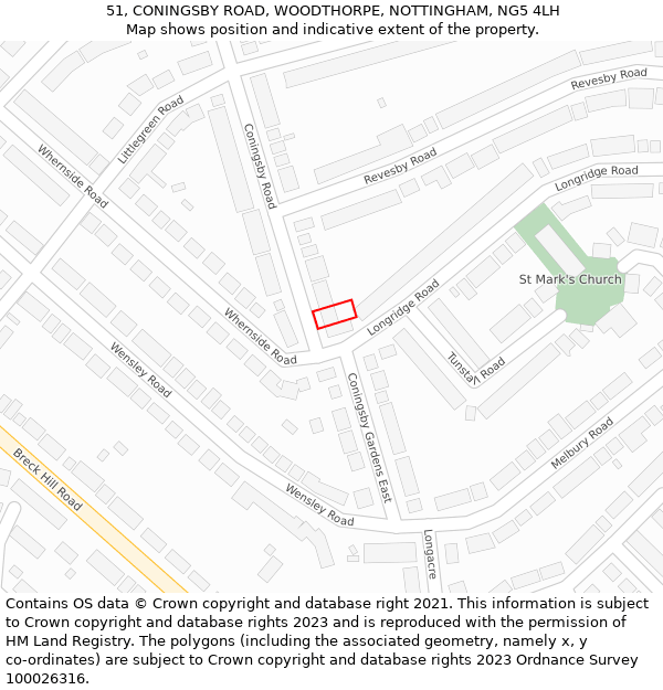 51, CONINGSBY ROAD, WOODTHORPE, NOTTINGHAM, NG5 4LH: Location map and indicative extent of plot