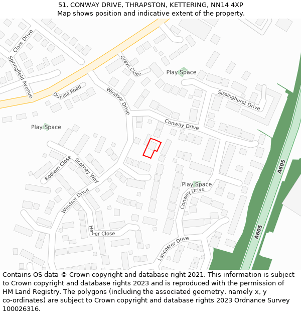 51, CONWAY DRIVE, THRAPSTON, KETTERING, NN14 4XP: Location map and indicative extent of plot