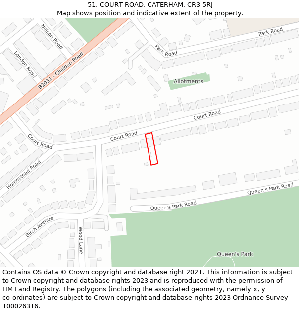 51, COURT ROAD, CATERHAM, CR3 5RJ: Location map and indicative extent of plot