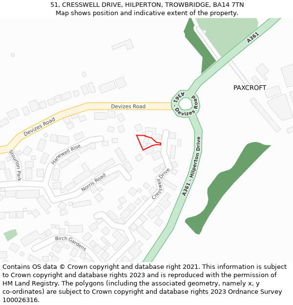 51, CRESSWELL DRIVE, HILPERTON, TROWBRIDGE, BA14 7TN: Location map and indicative extent of plot