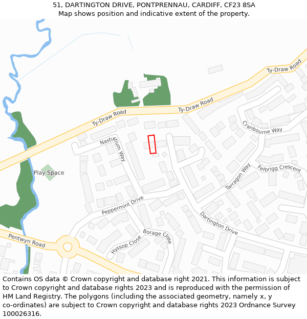51, DARTINGTON DRIVE, PONTPRENNAU, CARDIFF, CF23 8SA: Location map and indicative extent of plot