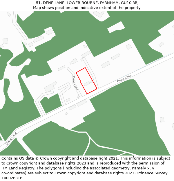 51, DENE LANE, LOWER BOURNE, FARNHAM, GU10 3RJ: Location map and indicative extent of plot