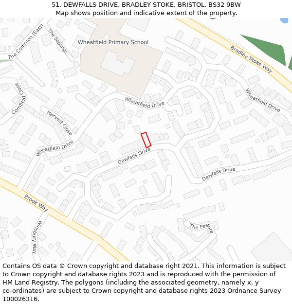 51, DEWFALLS DRIVE, BRADLEY STOKE, BRISTOL, BS32 9BW: Location map and indicative extent of plot