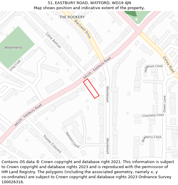 51, EASTBURY ROAD, WATFORD, WD19 4JN: Location map and indicative extent of plot