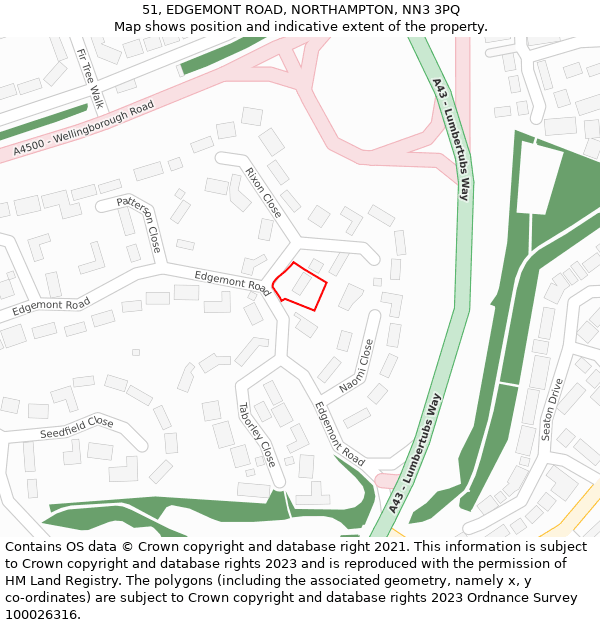51, EDGEMONT ROAD, NORTHAMPTON, NN3 3PQ: Location map and indicative extent of plot