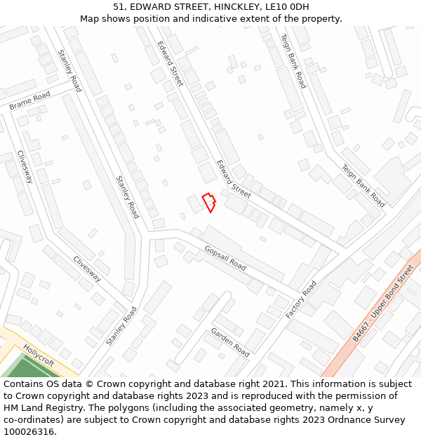 51, EDWARD STREET, HINCKLEY, LE10 0DH: Location map and indicative extent of plot