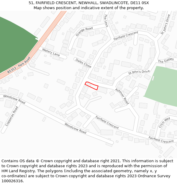 51, FAIRFIELD CRESCENT, NEWHALL, SWADLINCOTE, DE11 0SX: Location map and indicative extent of plot