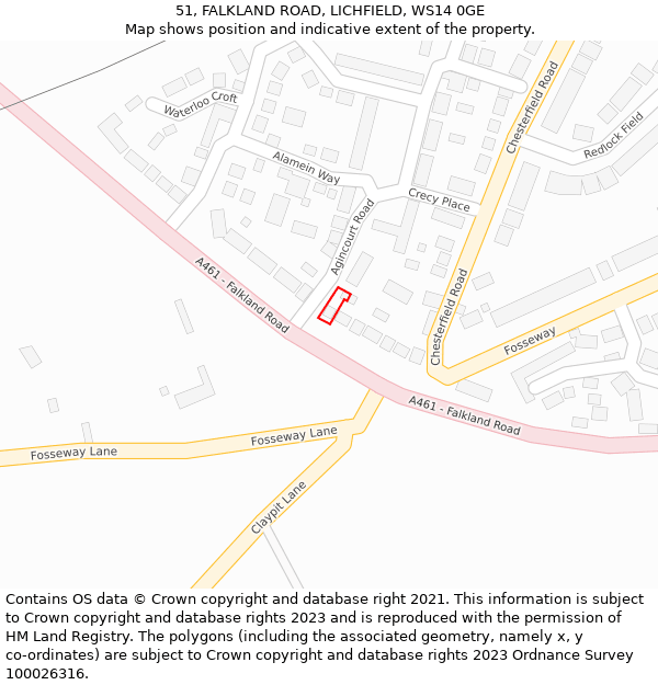 51, FALKLAND ROAD, LICHFIELD, WS14 0GE: Location map and indicative extent of plot