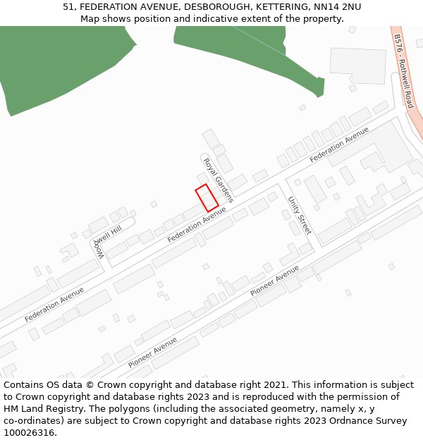 51, FEDERATION AVENUE, DESBOROUGH, KETTERING, NN14 2NU: Location map and indicative extent of plot
