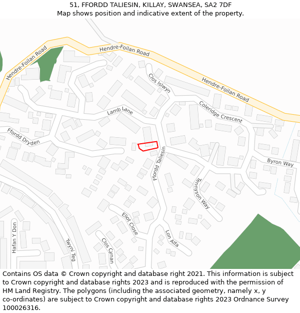 51, FFORDD TALIESIN, KILLAY, SWANSEA, SA2 7DF: Location map and indicative extent of plot
