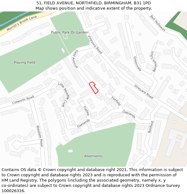 51, FIELD AVENUE, NORTHFIELD, BIRMINGHAM, B31 1PD: Location map and indicative extent of plot