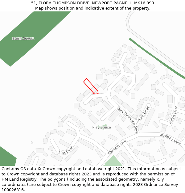 51, FLORA THOMPSON DRIVE, NEWPORT PAGNELL, MK16 8SR: Location map and indicative extent of plot