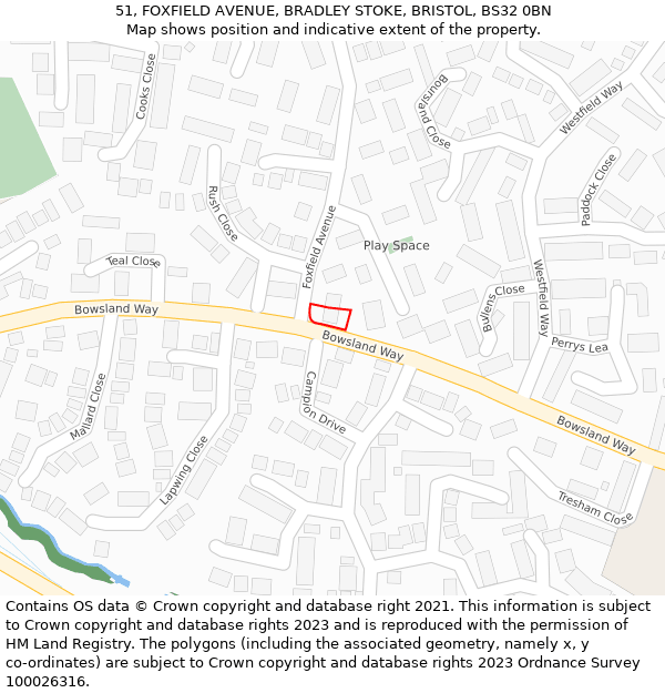 51, FOXFIELD AVENUE, BRADLEY STOKE, BRISTOL, BS32 0BN: Location map and indicative extent of plot