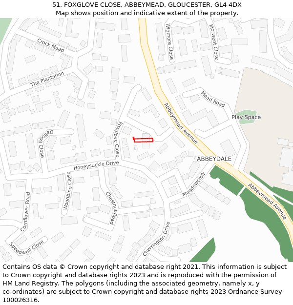 51, FOXGLOVE CLOSE, ABBEYMEAD, GLOUCESTER, GL4 4DX: Location map and indicative extent of plot