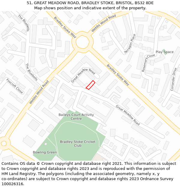 51, GREAT MEADOW ROAD, BRADLEY STOKE, BRISTOL, BS32 8DE: Location map and indicative extent of plot