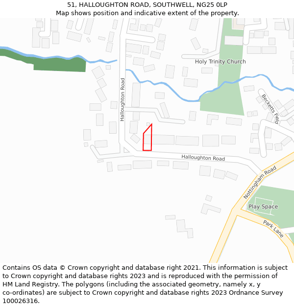 51, HALLOUGHTON ROAD, SOUTHWELL, NG25 0LP: Location map and indicative extent of plot