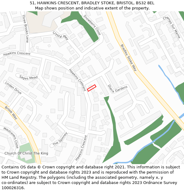 51, HAWKINS CRESCENT, BRADLEY STOKE, BRISTOL, BS32 8EL: Location map and indicative extent of plot