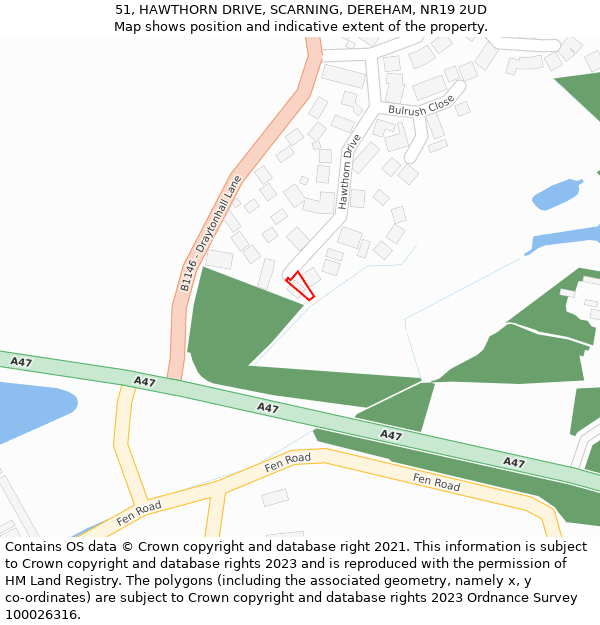 51, HAWTHORN DRIVE, SCARNING, DEREHAM, NR19 2UD: Location map and indicative extent of plot