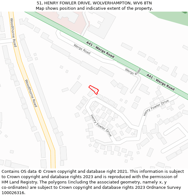 51, HENRY FOWLER DRIVE, WOLVERHAMPTON, WV6 8TN: Location map and indicative extent of plot