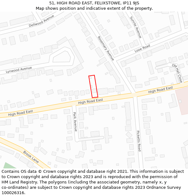 51, HIGH ROAD EAST, FELIXSTOWE, IP11 9JS: Location map and indicative extent of plot