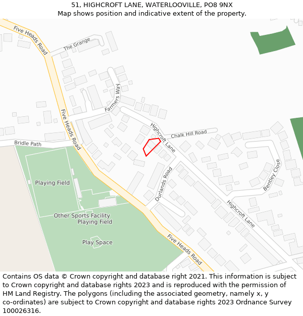51, HIGHCROFT LANE, WATERLOOVILLE, PO8 9NX: Location map and indicative extent of plot