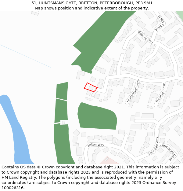 51, HUNTSMANS GATE, BRETTON, PETERBOROUGH, PE3 9AU: Location map and indicative extent of plot