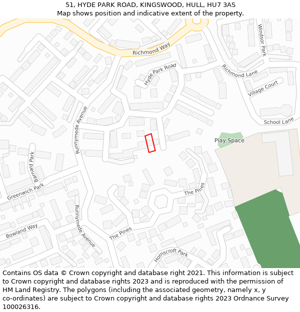 51, HYDE PARK ROAD, KINGSWOOD, HULL, HU7 3AS: Location map and indicative extent of plot