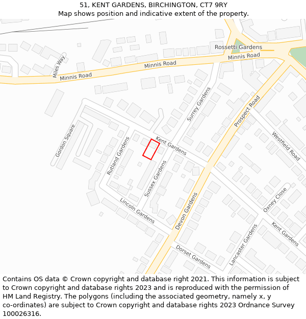 51, KENT GARDENS, BIRCHINGTON, CT7 9RY: Location map and indicative extent of plot