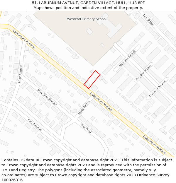 51, LABURNUM AVENUE, GARDEN VILLAGE, HULL, HU8 8PF: Location map and indicative extent of plot